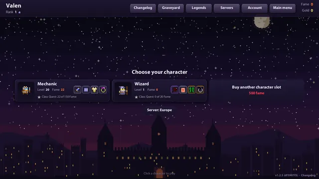 The character select screen: a Mechanic and a Wizard with their gear, over a night sky and a castle skyline.