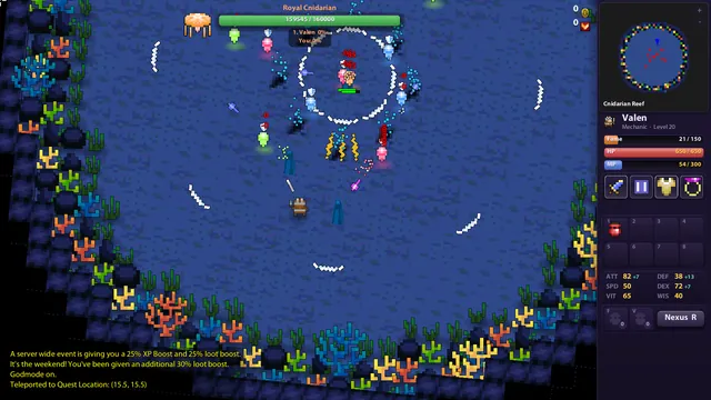 A deep blue underwater arena ringed with coral, where the Royal Cnidarian and its jellyfish fire rings of shots.