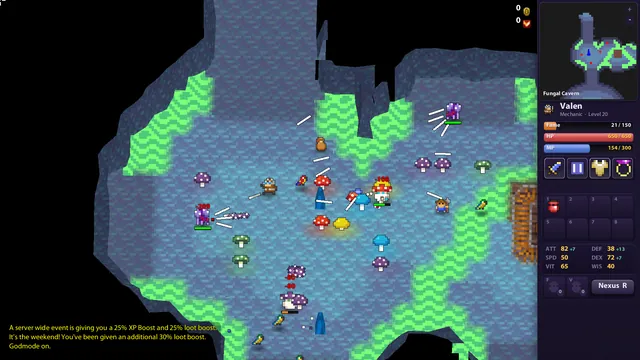 A blue cave with glowing green moss, crowded with mushroom monsters and crystals.