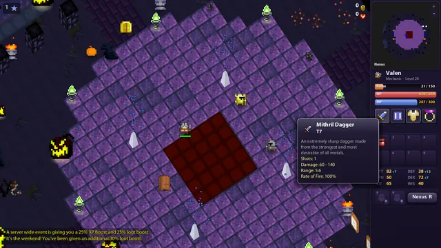 The Nexus at Halloween, a purple plaza with pumpkins, braziers and fountains, with an item tooltip open over the inventory.