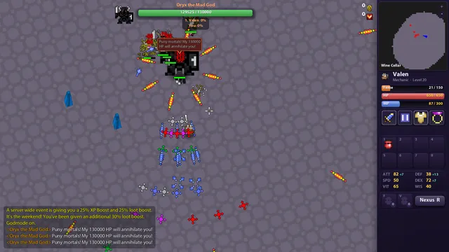 A Mechanic fights Oryx the Mad God in the Wine Cellar, surrounded by his guards and a storm of coloured shots, with his health bar at the top of the screen.